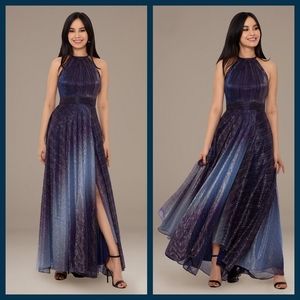Betsy & Adam Blue Ombre Metallic Halter A-Line Prom Dress Crinkle Gown